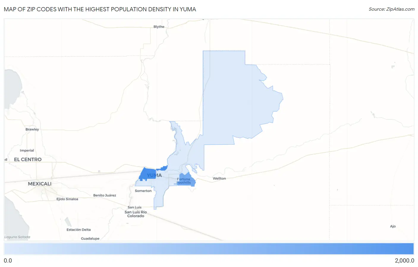 Zip Codes with the Highest Population Density in Yuma Map