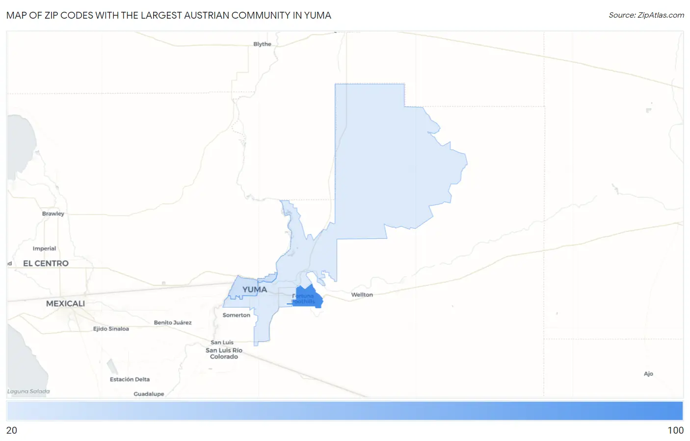 Zip Codes with the Largest Austrian Community in Yuma Map