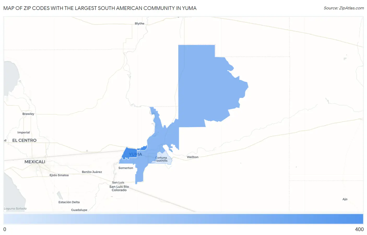 Zip Codes with the Largest South American Community in Yuma Map