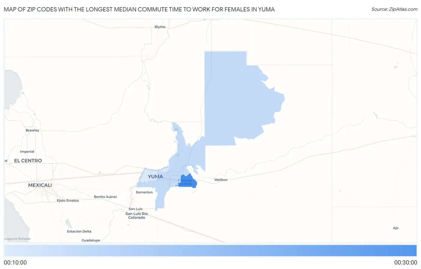 Zip Codes with the Longest Median Commute Time to Work for Females in Yuma Map