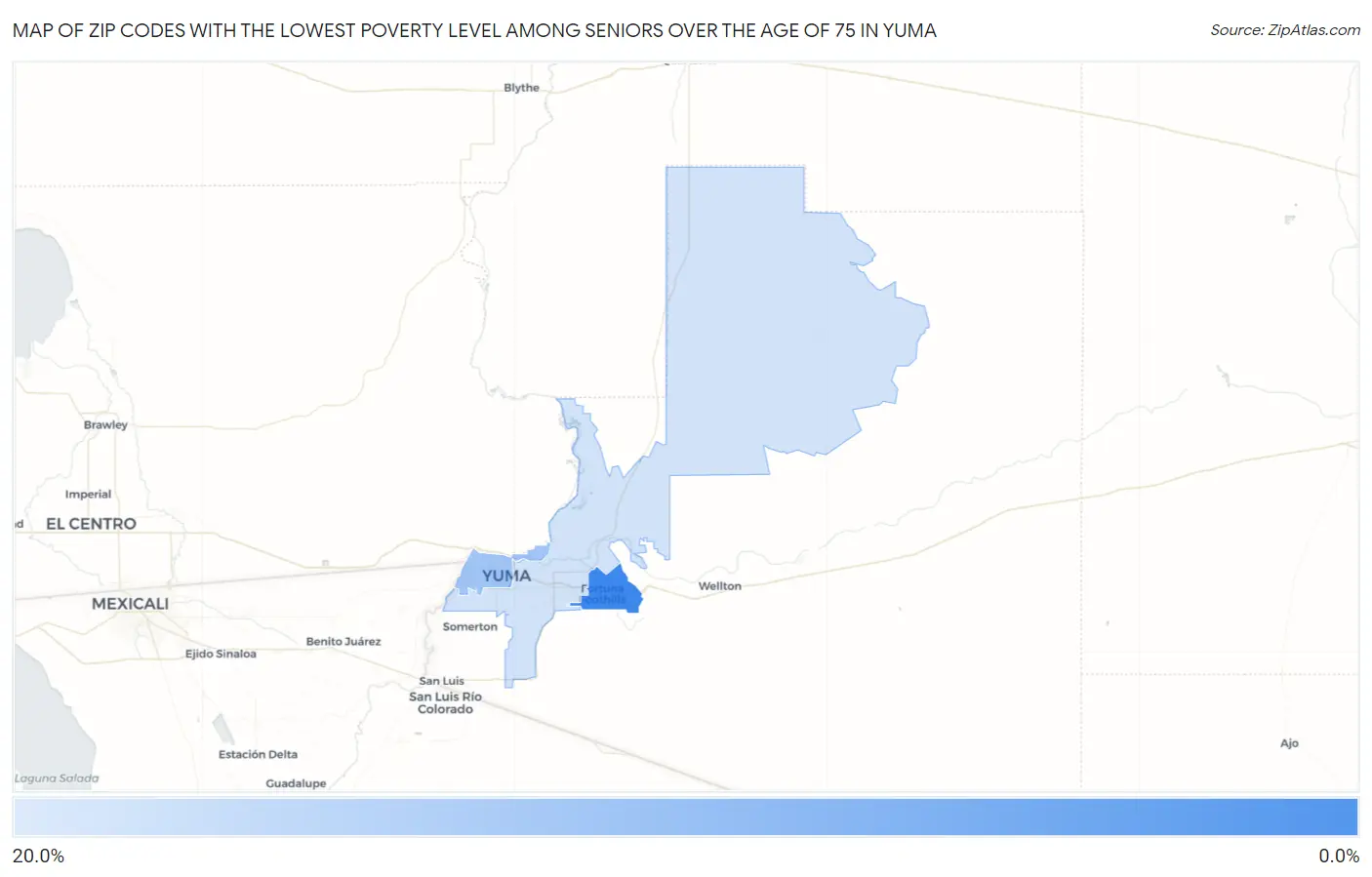Zip Codes with the Lowest Poverty Level Among Seniors Over the Age of 75 in Yuma Map