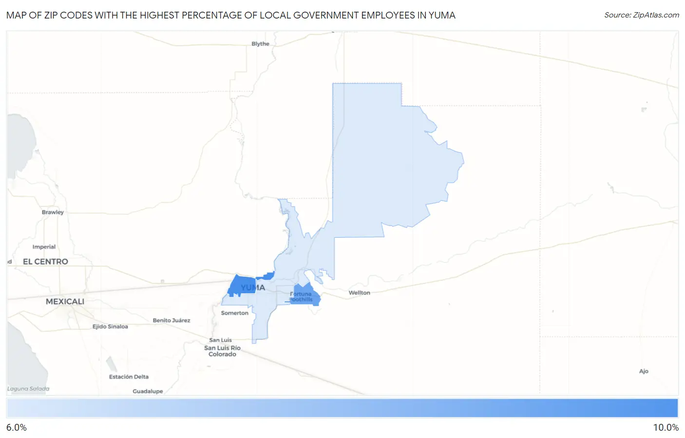 Zip Codes with the Highest Percentage of Local Government Employees in Yuma Map
