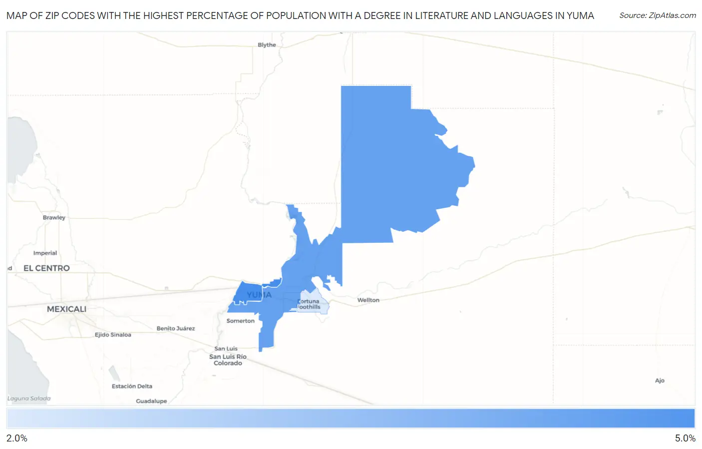 Zip Codes with the Highest Percentage of Population with a Degree in Literature and Languages in Yuma Map