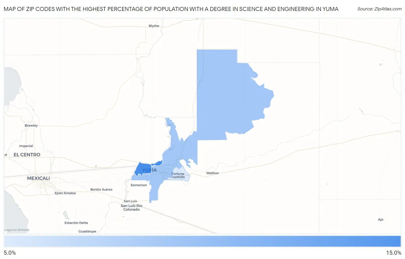Zip Codes with the Highest Percentage of Population with a Degree in Science and Engineering in Yuma Map
