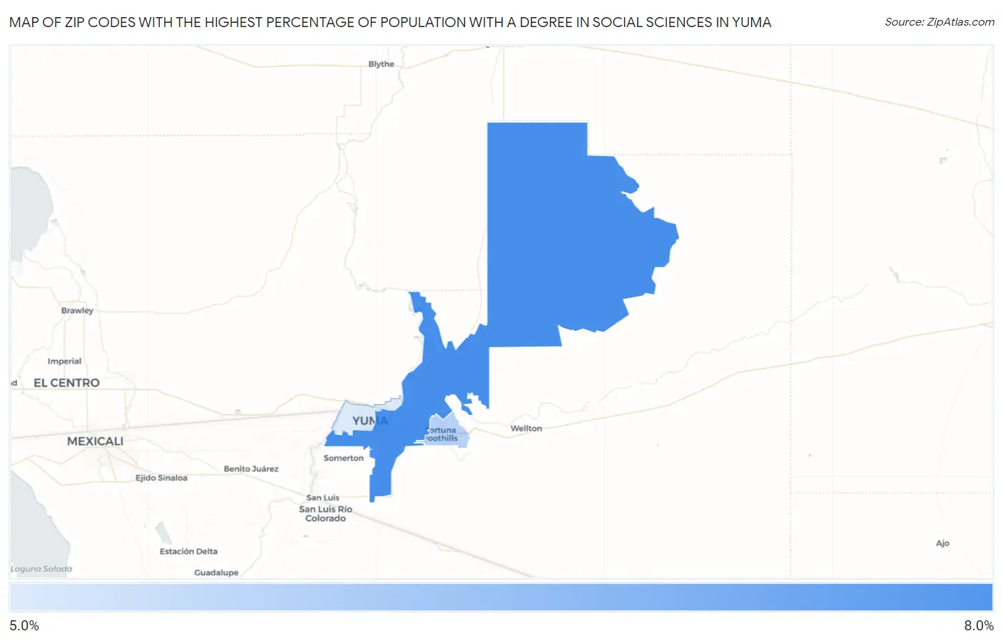 Zip Codes with the Highest Percentage of Population with a Degree in Social Sciences in Yuma Map