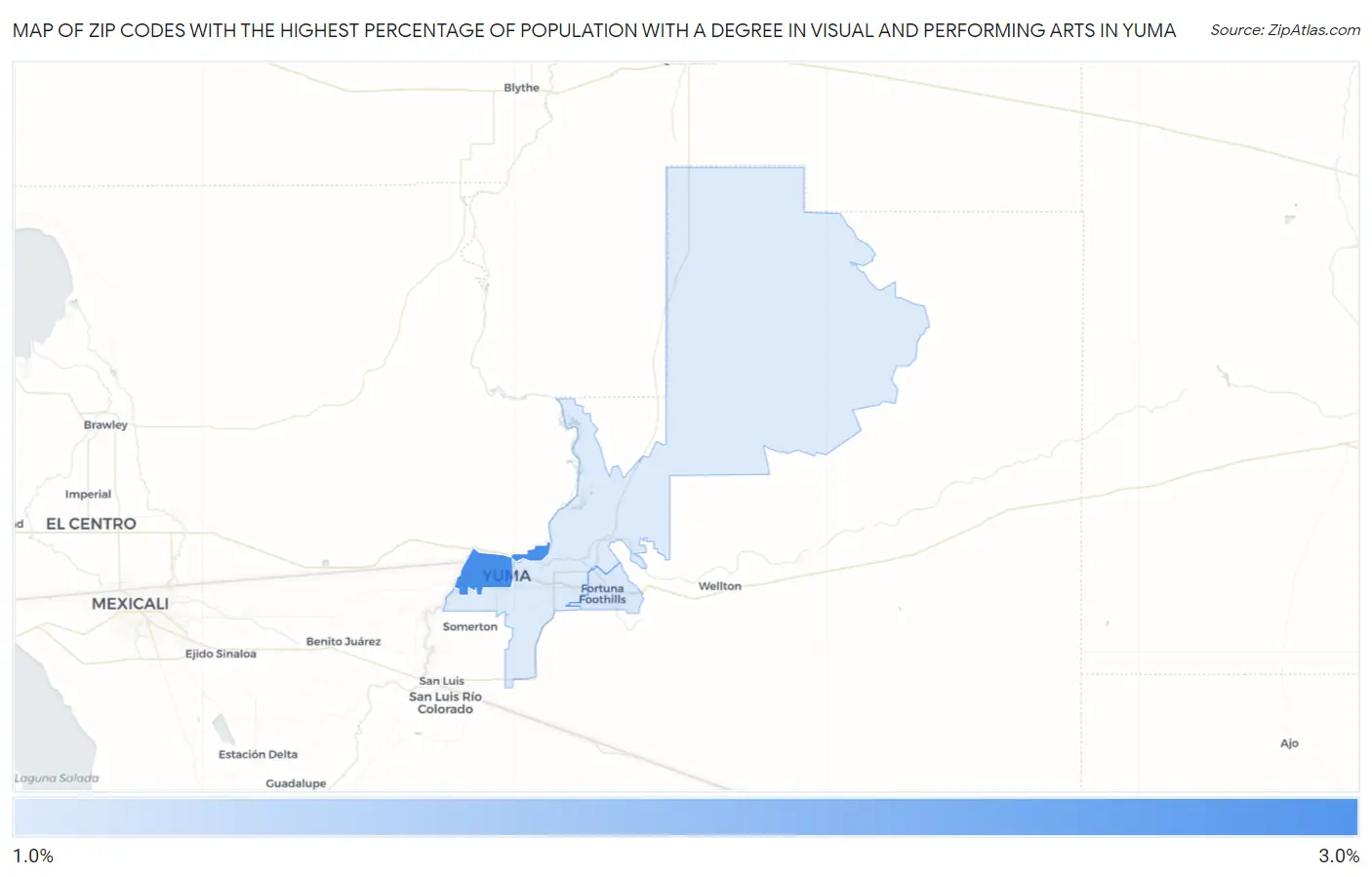 Zip Codes with the Highest Percentage of Population with a Degree in Visual and Performing Arts in Yuma Map
