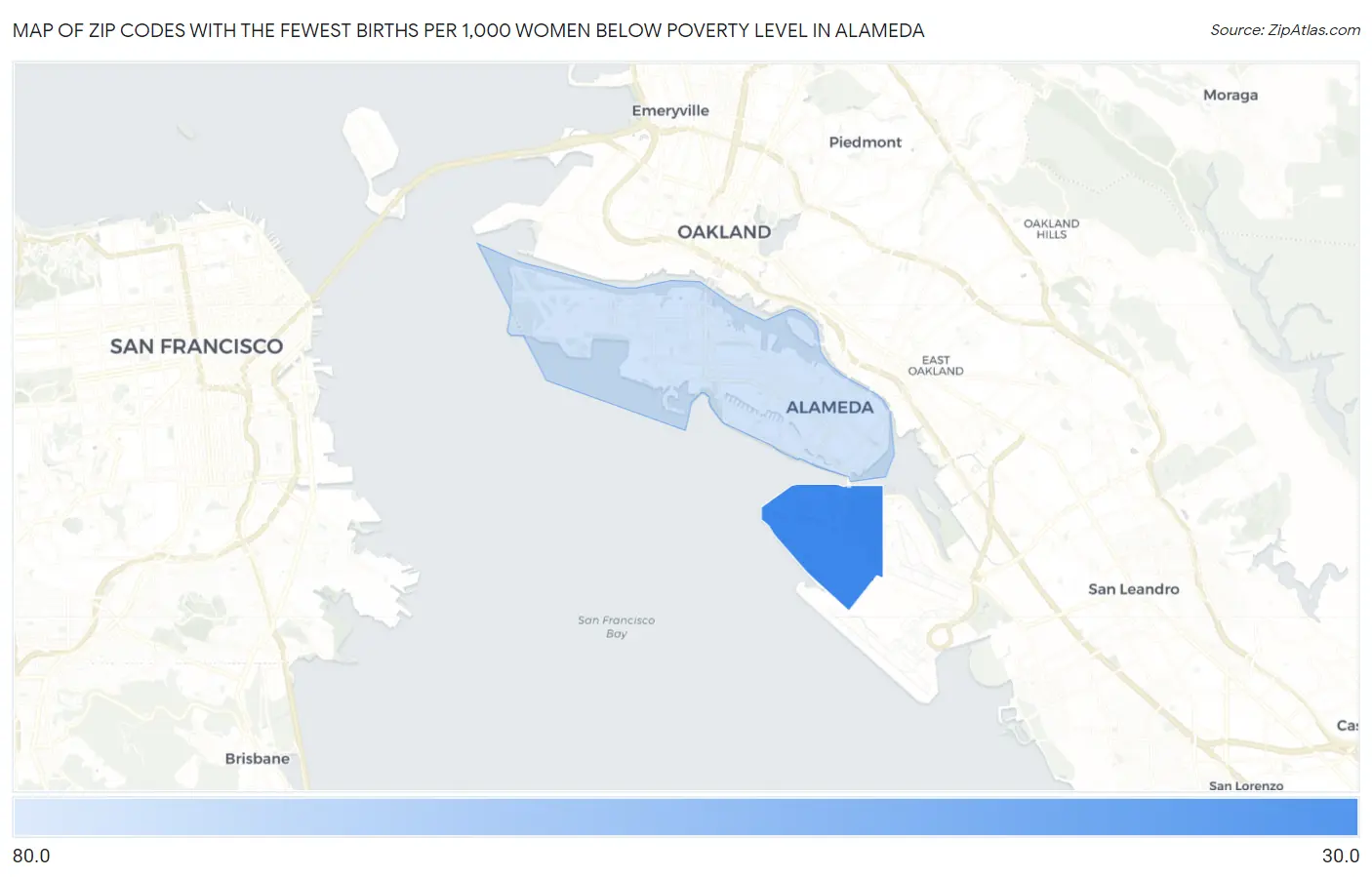 Zip Codes with the Fewest Births per 1,000 Women Below Poverty Level in Alameda Map