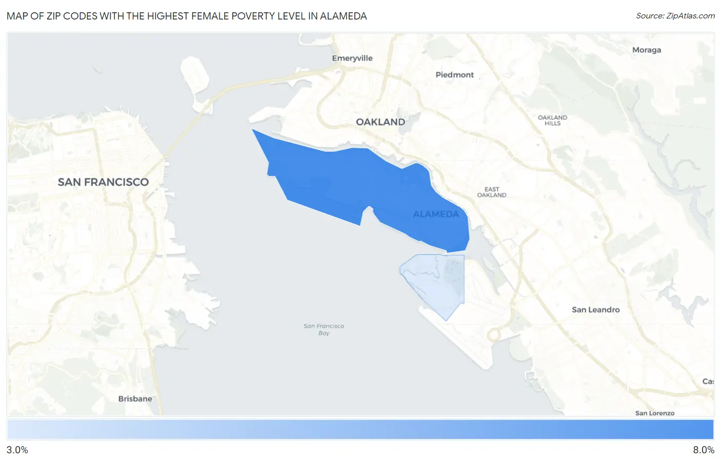 Zip Codes with the Highest Female Poverty Level in Alameda Map