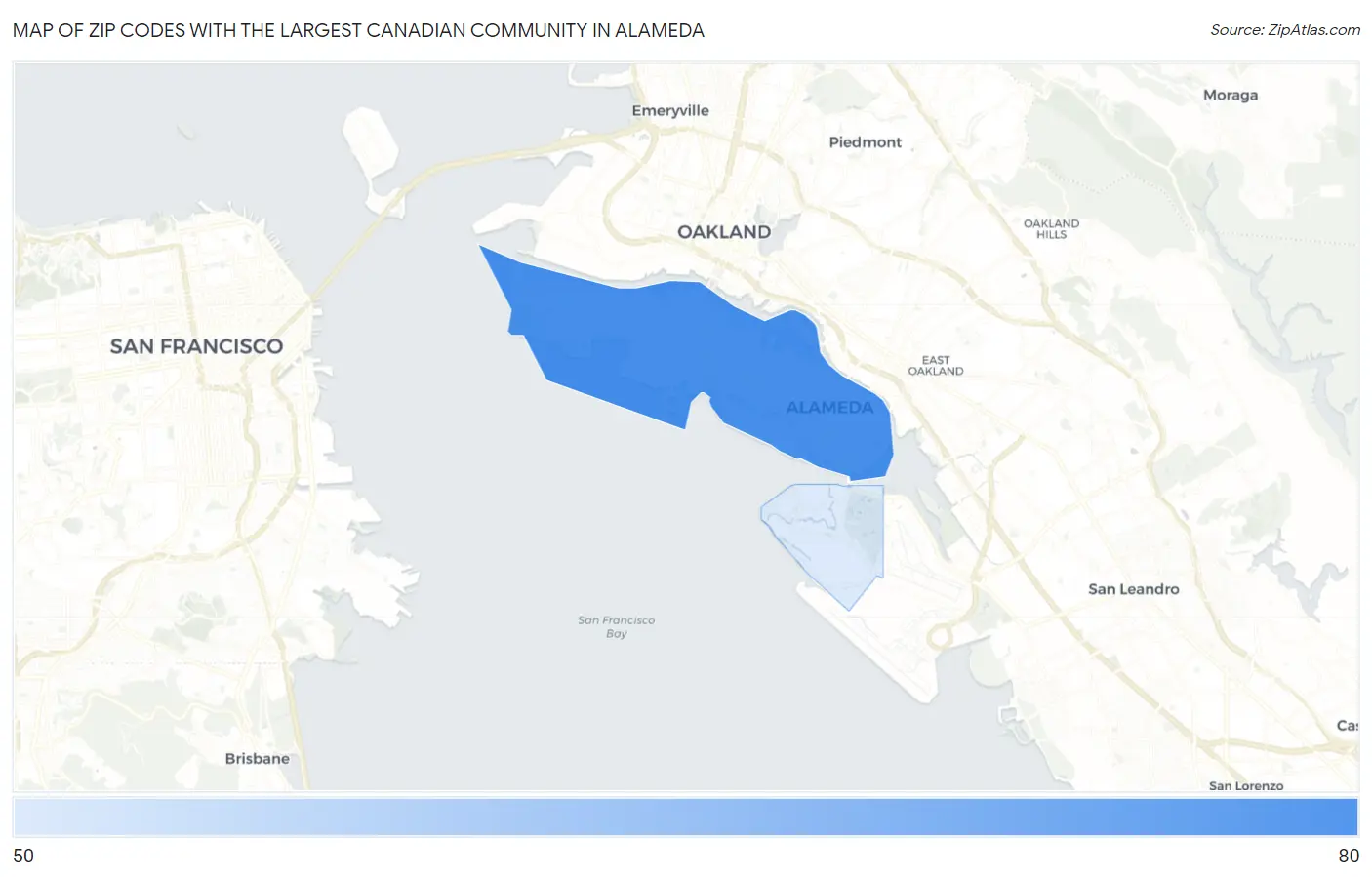Zip Codes with the Largest Canadian Community in Alameda Map