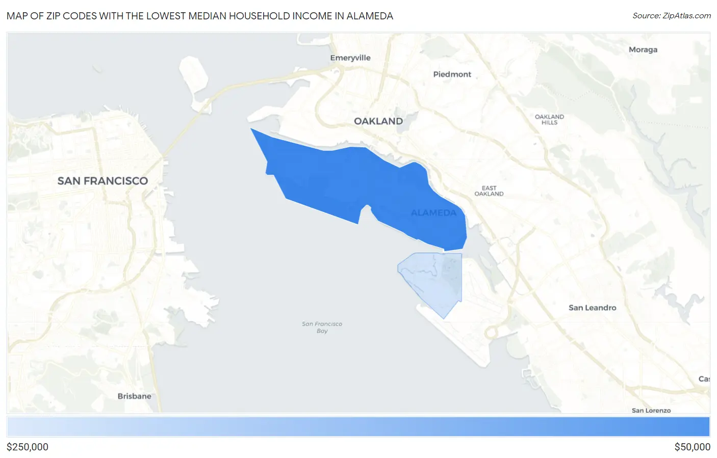 Zip Codes with the Lowest Median Household Income in Alameda Map