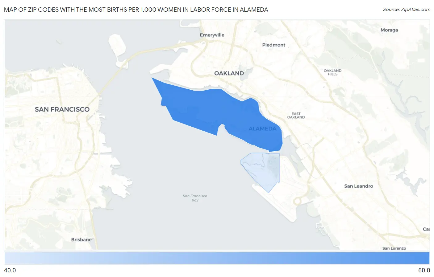 Zip Codes with the Most Births per 1,000 Women in Labor Force in Alameda Map