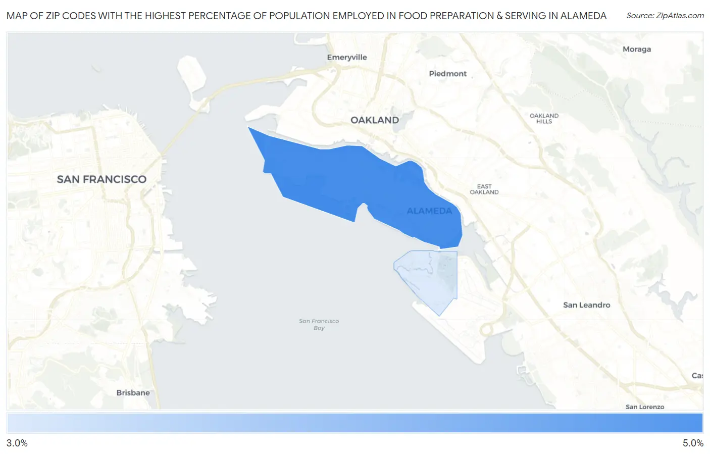 Zip Codes with the Highest Percentage of Population Employed in Food Preparation & Serving in Alameda Map