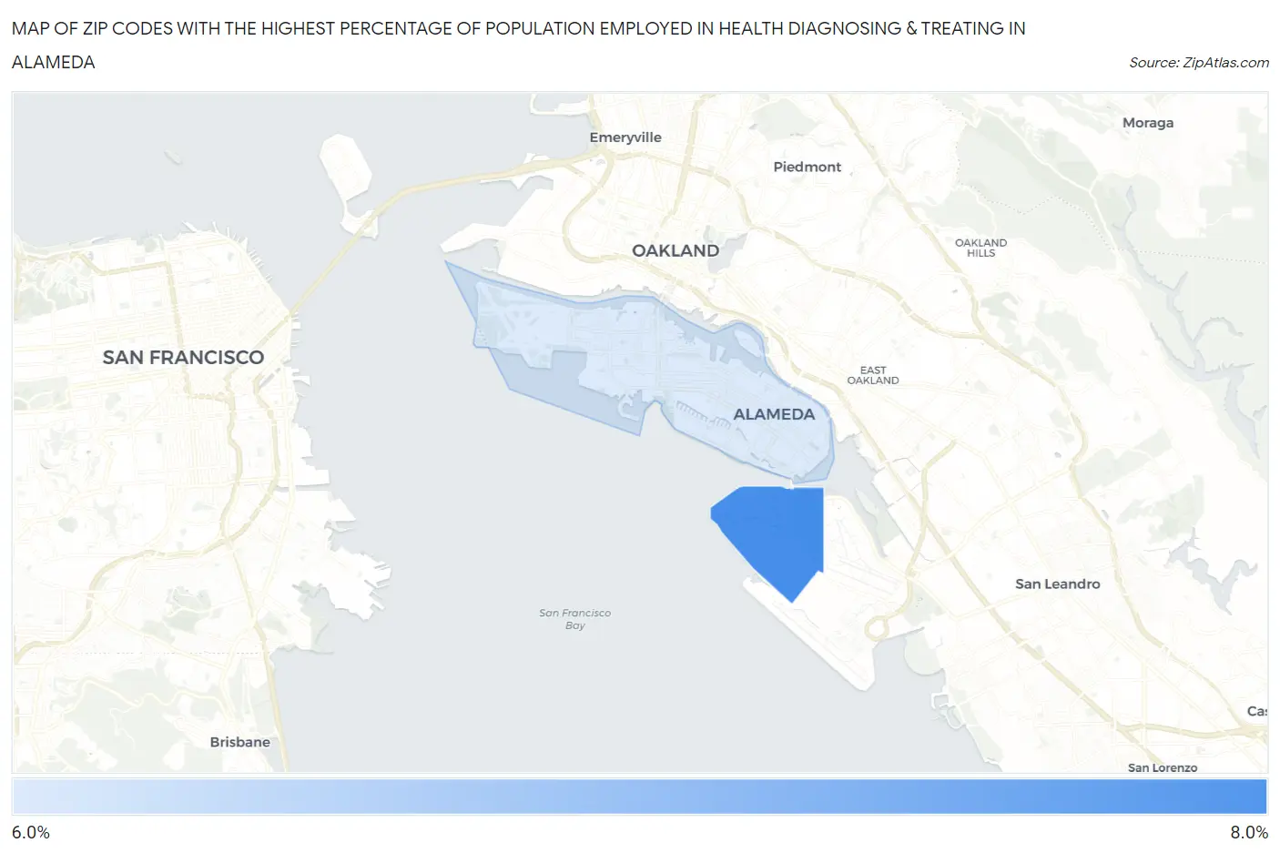 Zip Codes with the Highest Percentage of Population Employed in Health Diagnosing & Treating in Alameda Map