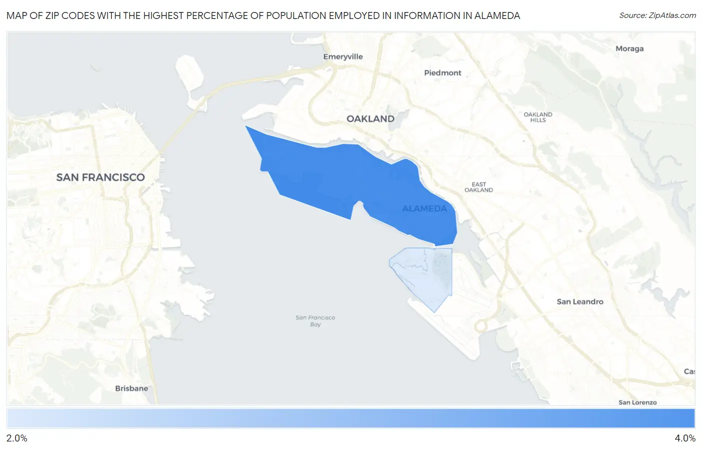 Zip Codes with the Highest Percentage of Population Employed in Information in Alameda Map