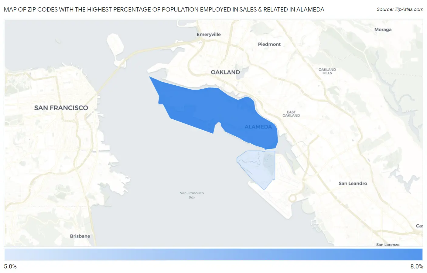 Zip Codes with the Highest Percentage of Population Employed in Sales & Related in Alameda Map
