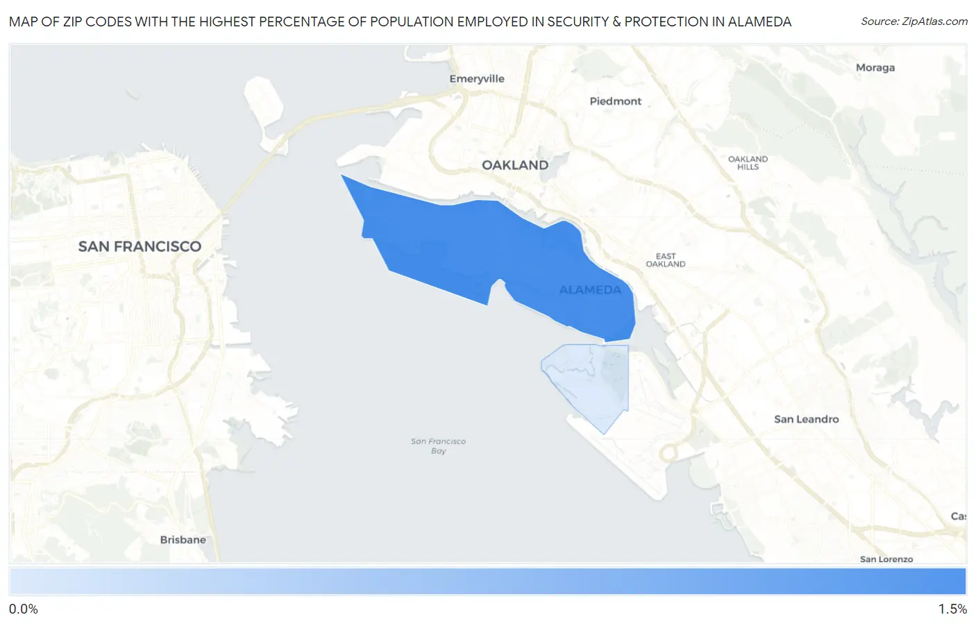 Zip Codes with the Highest Percentage of Population Employed in Security & Protection in Alameda Map