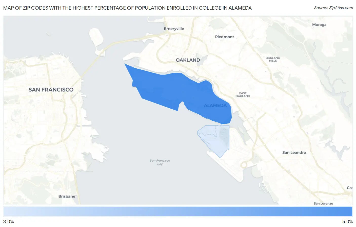 Zip Codes with the Highest Percentage of Population Enrolled in College in Alameda Map