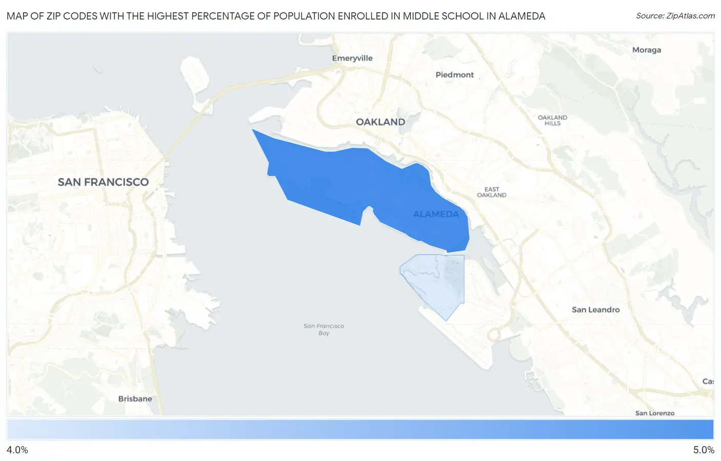 Zip Codes with the Highest Percentage of Population Enrolled in Middle School in Alameda Map