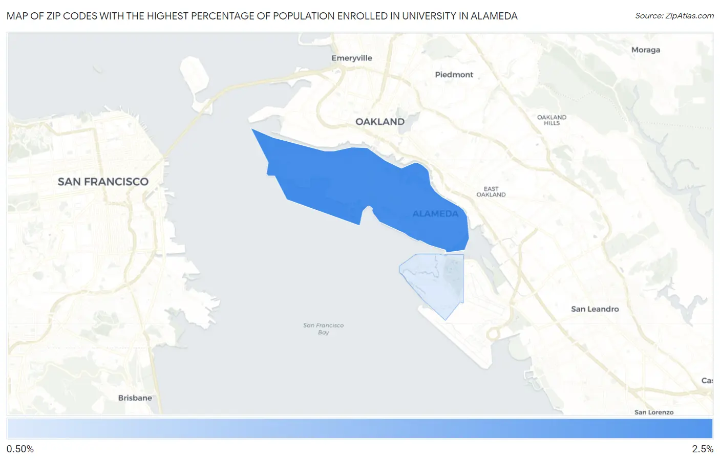 Zip Codes with the Highest Percentage of Population Enrolled in University in Alameda Map