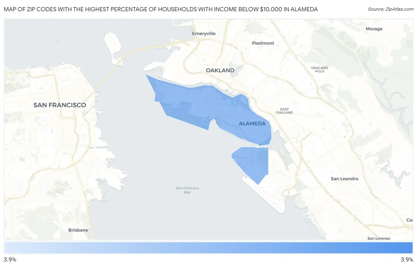 Zip Codes with the Highest Percentage of Households with Income Below $10,000 in Alameda Map