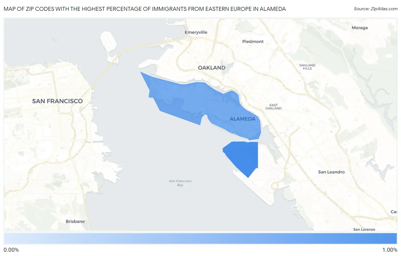 Zip Codes with the Highest Percentage of Immigrants from Eastern Europe in Alameda Map