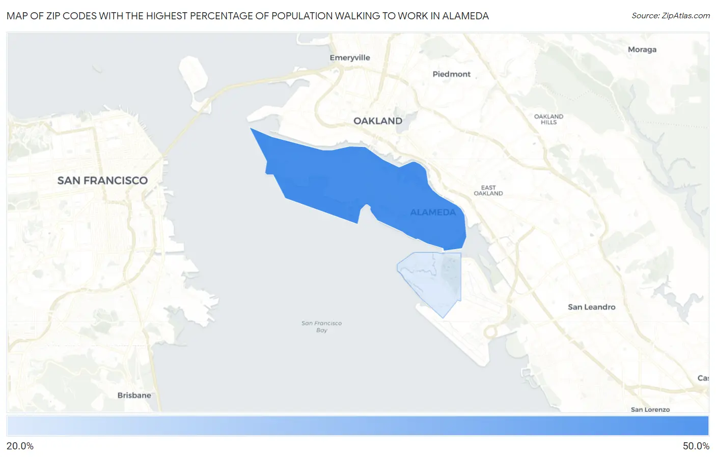 Zip Codes with the Highest Percentage of Population Walking to Work in Alameda Map