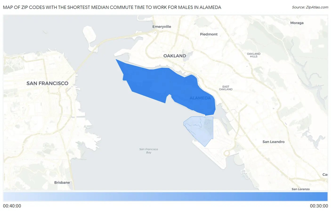 Zip Codes with the Shortest Median Commute Time to Work for Males in Alameda Map