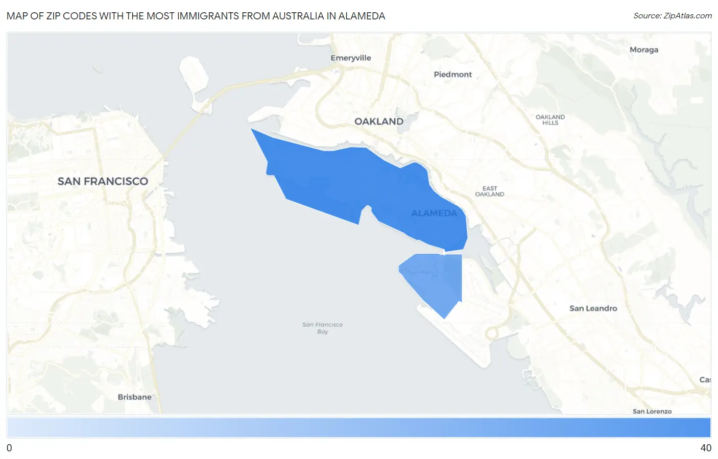 Zip Codes with the Most Immigrants from Australia in Alameda Map