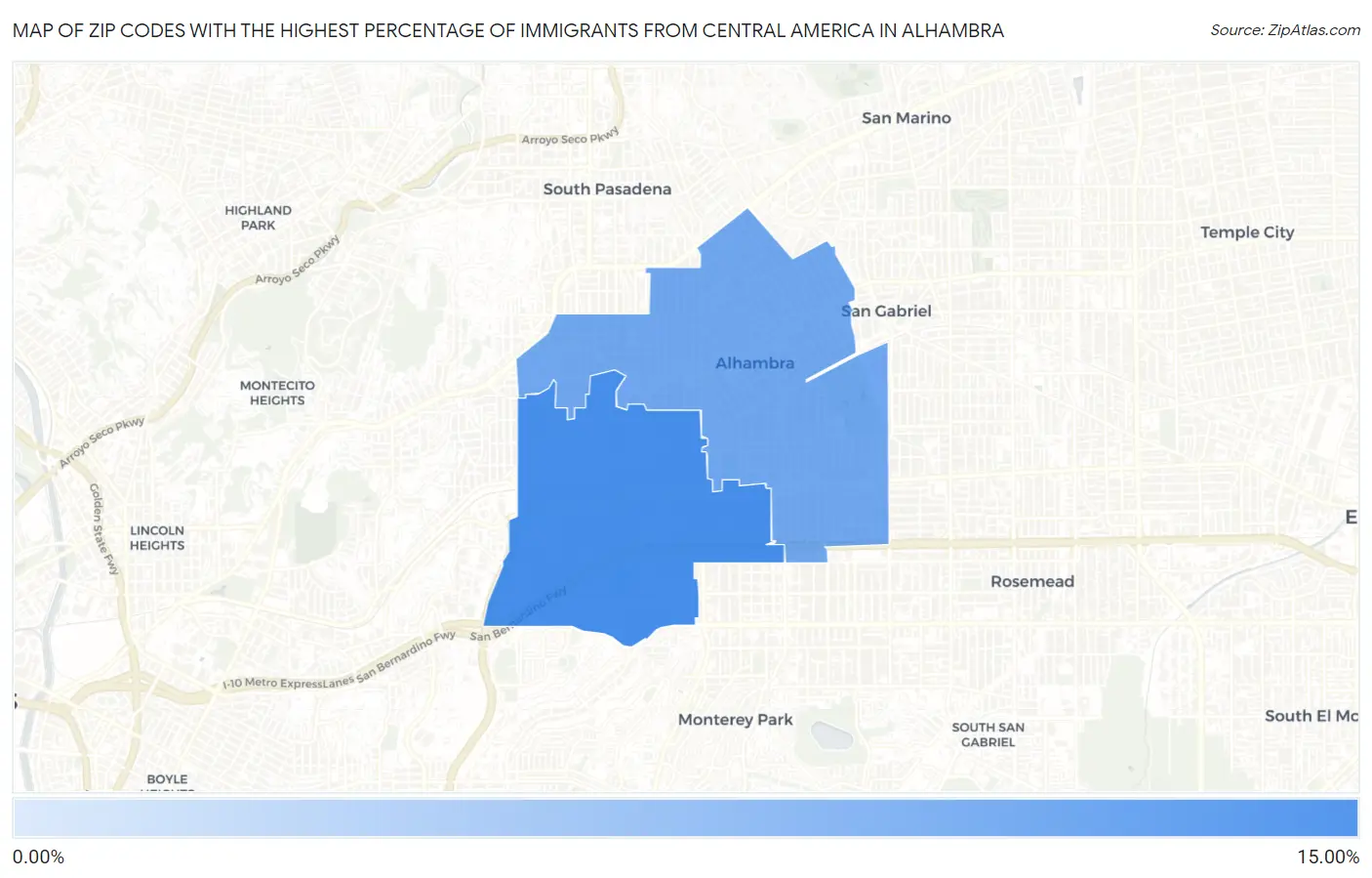 Zip Codes with the Highest Percentage of Immigrants from Central America in Alhambra Map