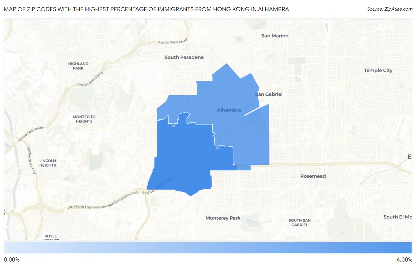 Zip Codes with the Highest Percentage of Immigrants from Hong Kong in Alhambra Map
