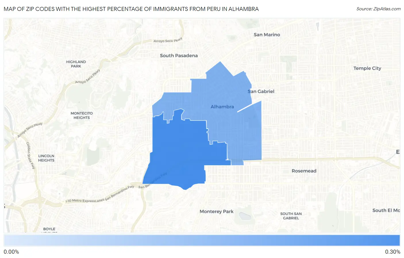 Zip Codes with the Highest Percentage of Immigrants from Peru in Alhambra Map