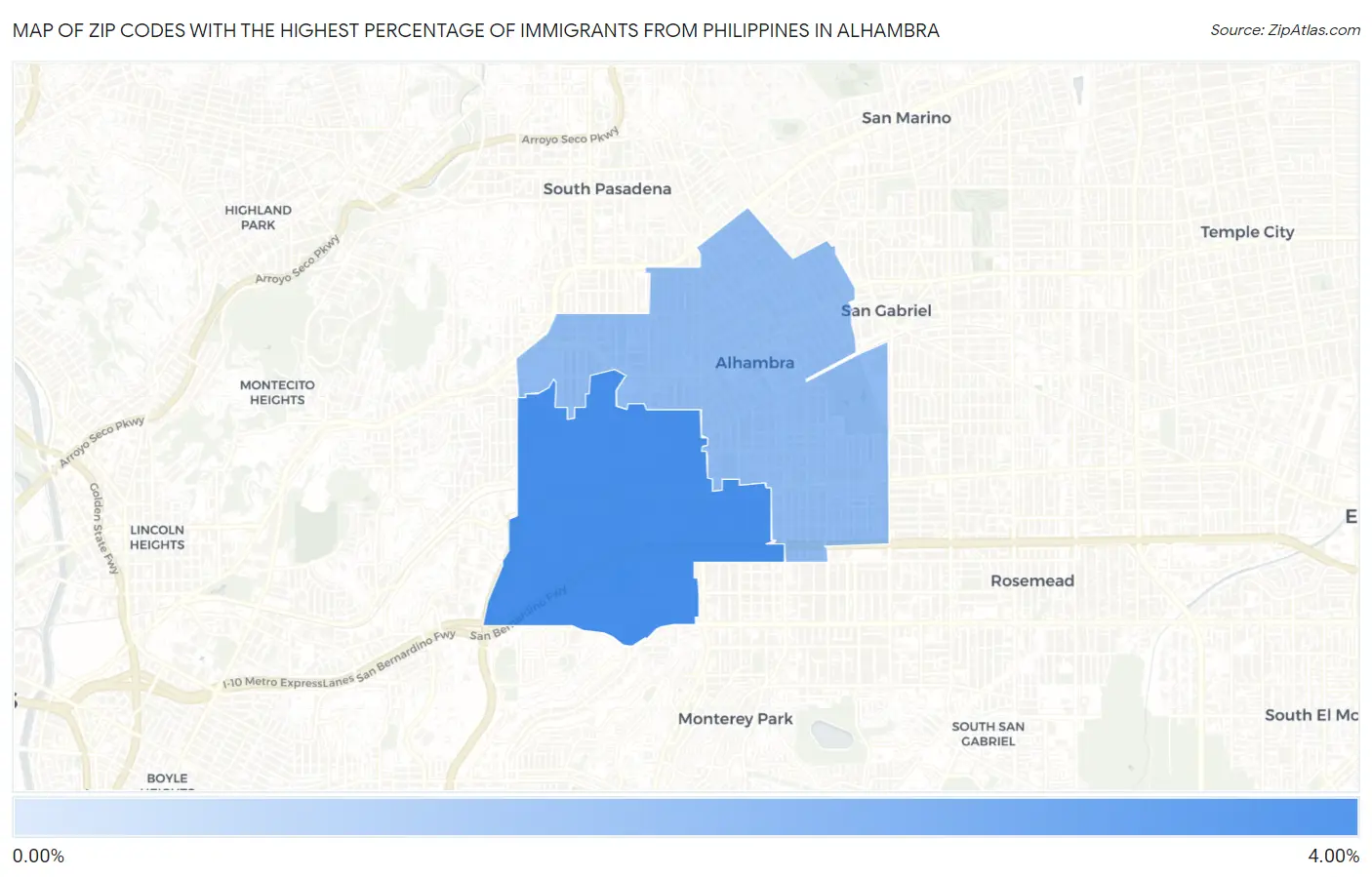 Zip Codes with the Highest Percentage of Immigrants from Philippines in Alhambra Map