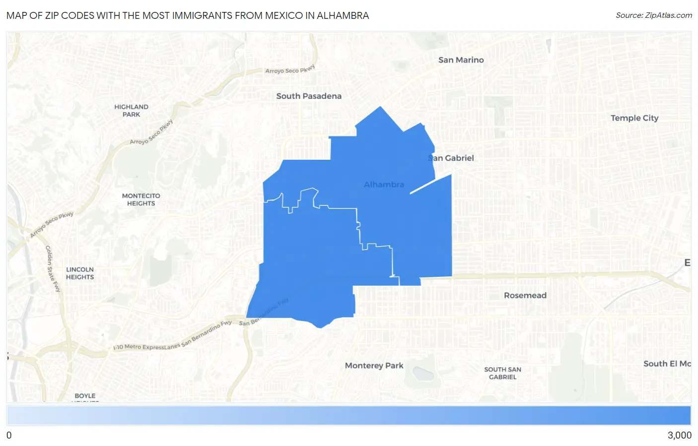 Zip Codes with the Most Immigrants from Mexico in Alhambra Map