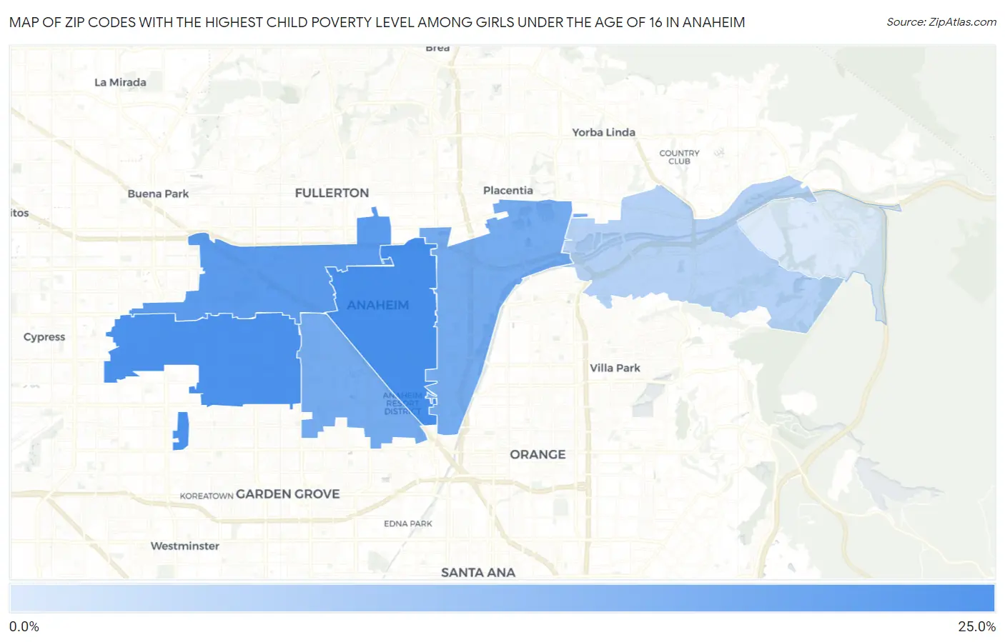 Zip Codes with the Highest Child Poverty Level Among Girls Under the Age of 16 in Anaheim Map