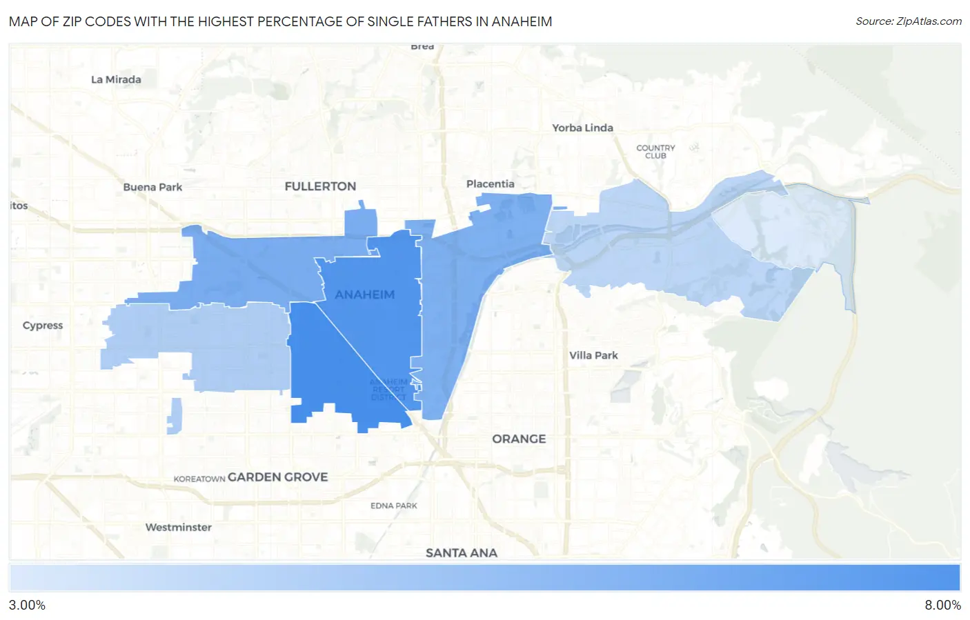 Zip Codes with the Highest Percentage of Single Fathers in Anaheim Map