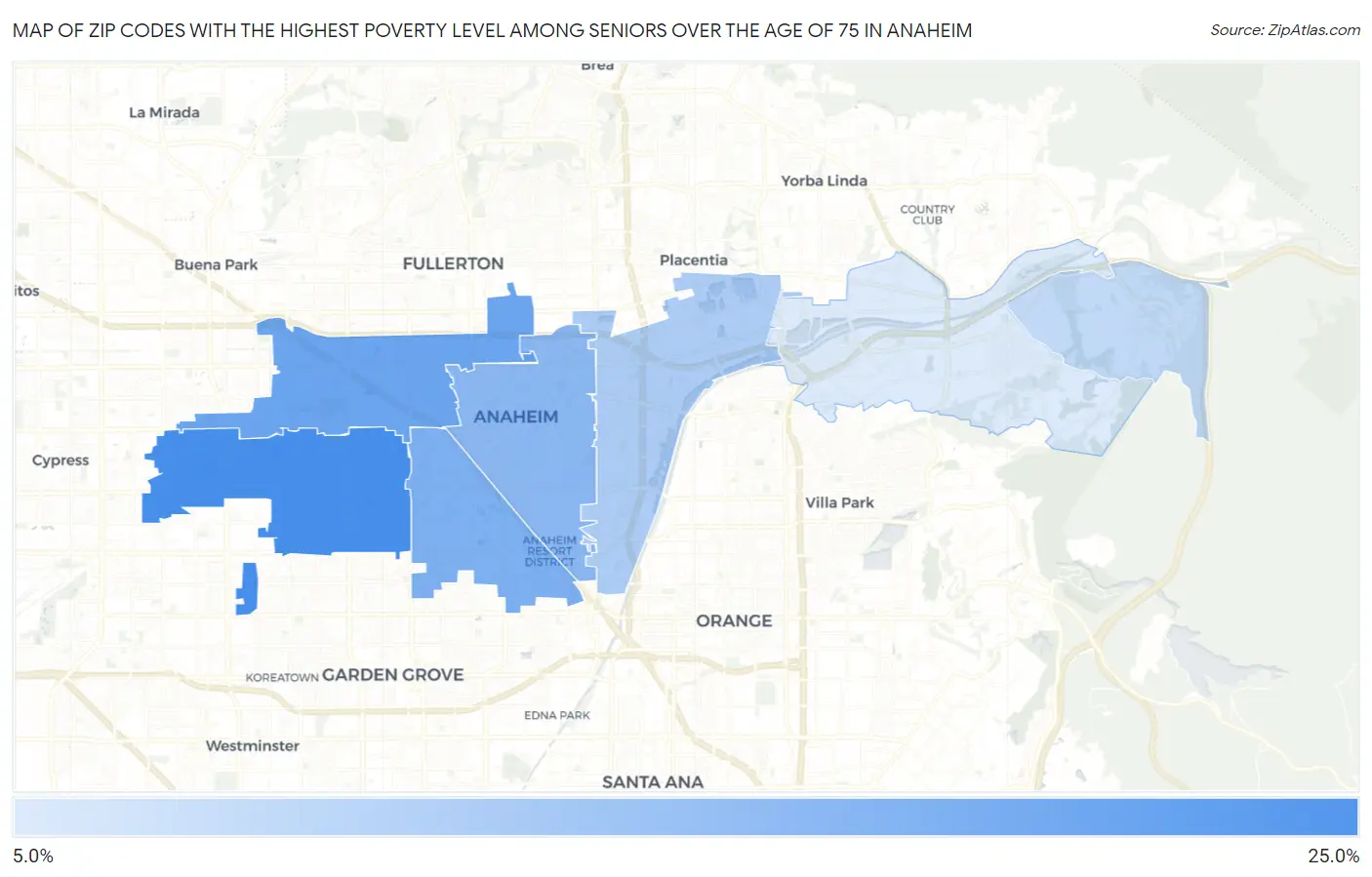 Zip Codes with the Highest Poverty Level Among Seniors Over the Age of 75 in Anaheim Map