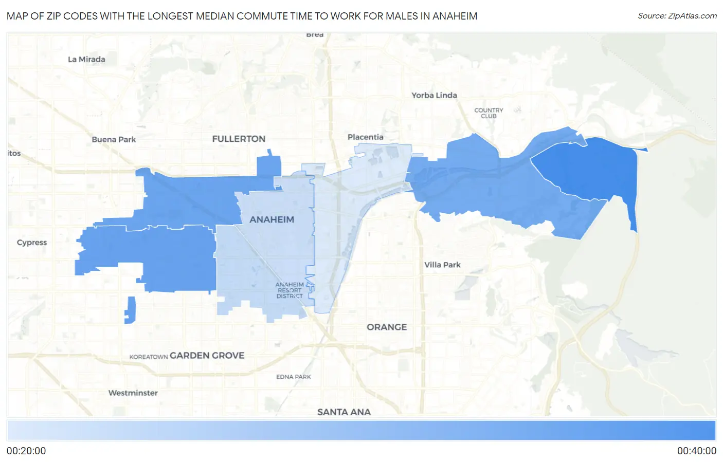 Zip Codes with the Longest Median Commute Time to Work for Males in Anaheim Map