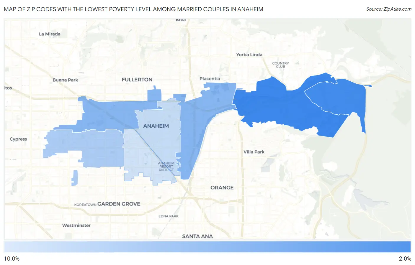 Zip Codes with the Lowest Poverty Level Among Married Couples in Anaheim Map