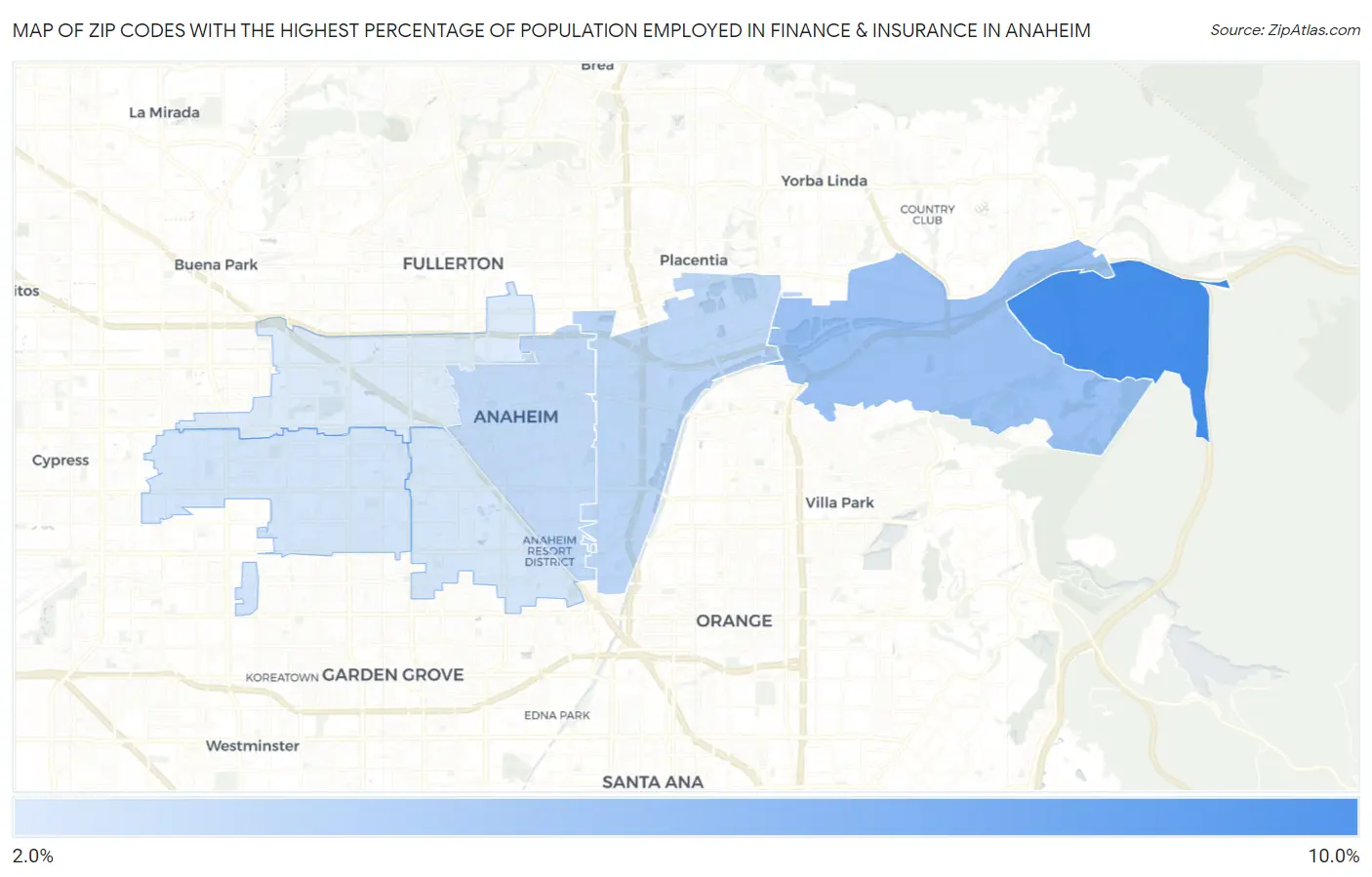 Zip Codes with the Highest Percentage of Population Employed in Finance & Insurance in Anaheim Map