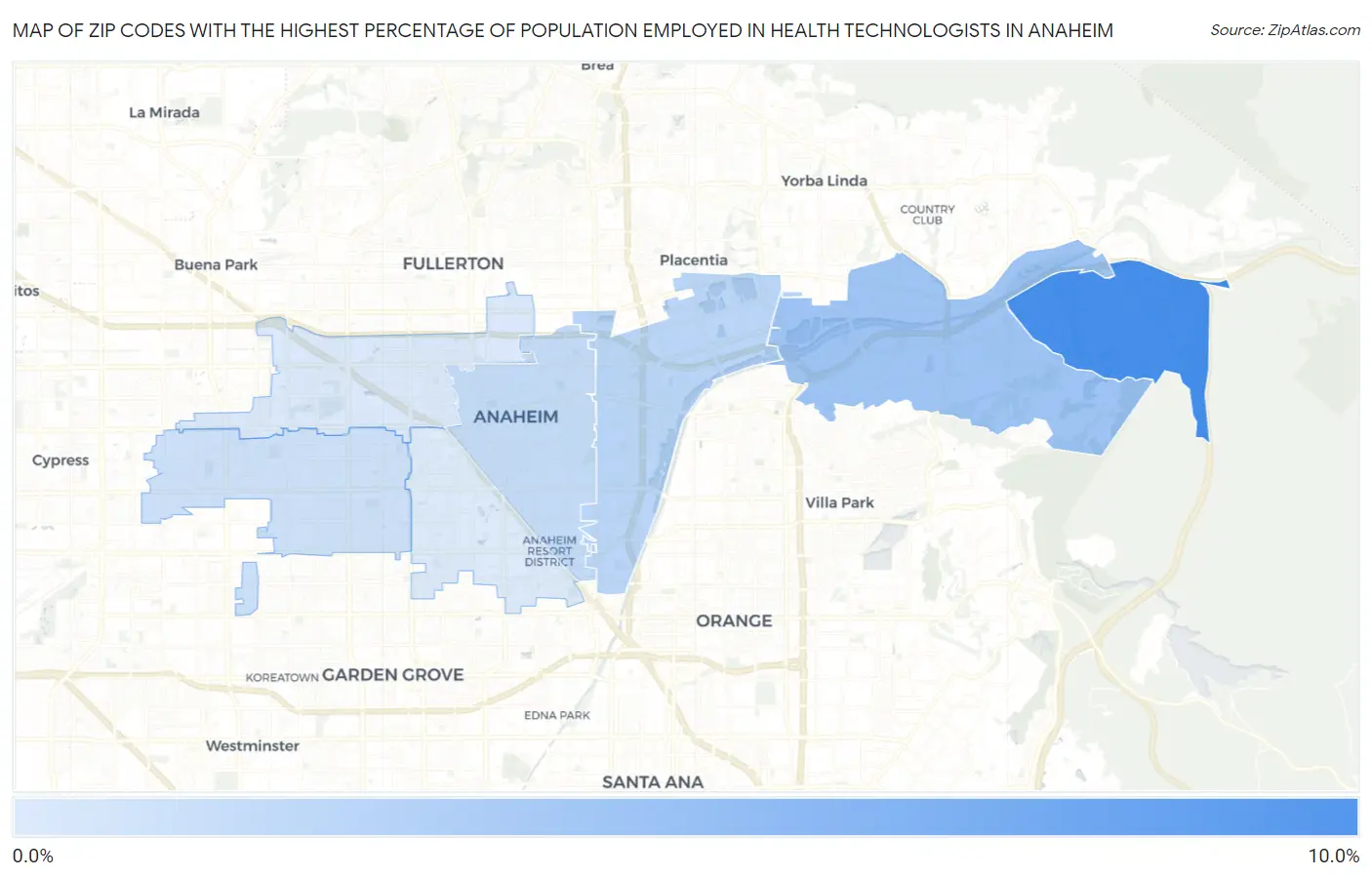Zip Codes with the Highest Percentage of Population Employed in Health Technologists in Anaheim Map