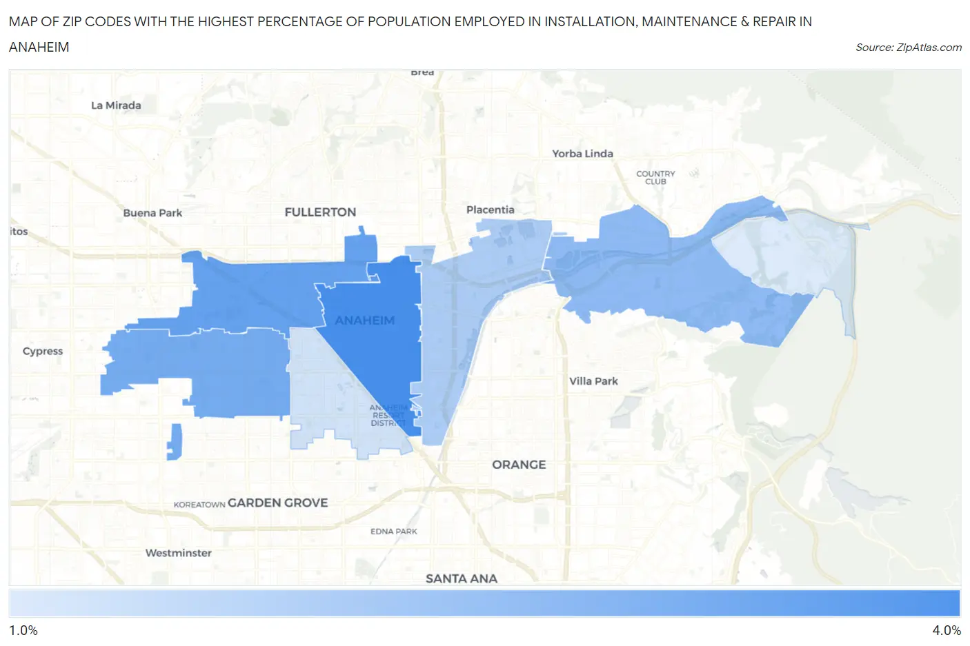 Zip Codes with the Highest Percentage of Population Employed in Installation, Maintenance & Repair in Anaheim Map