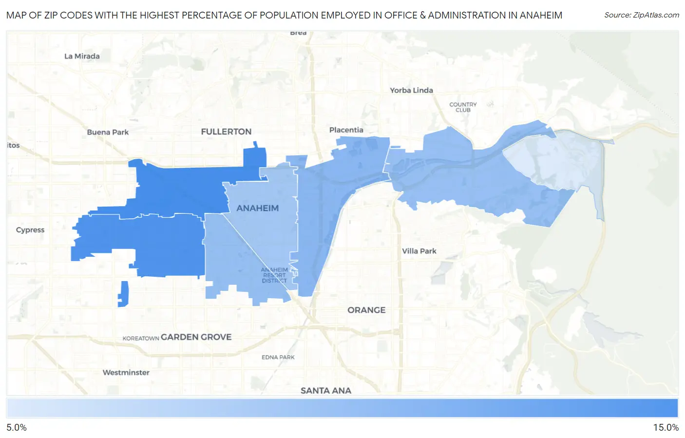Zip Codes with the Highest Percentage of Population Employed in Office & Administration in Anaheim Map