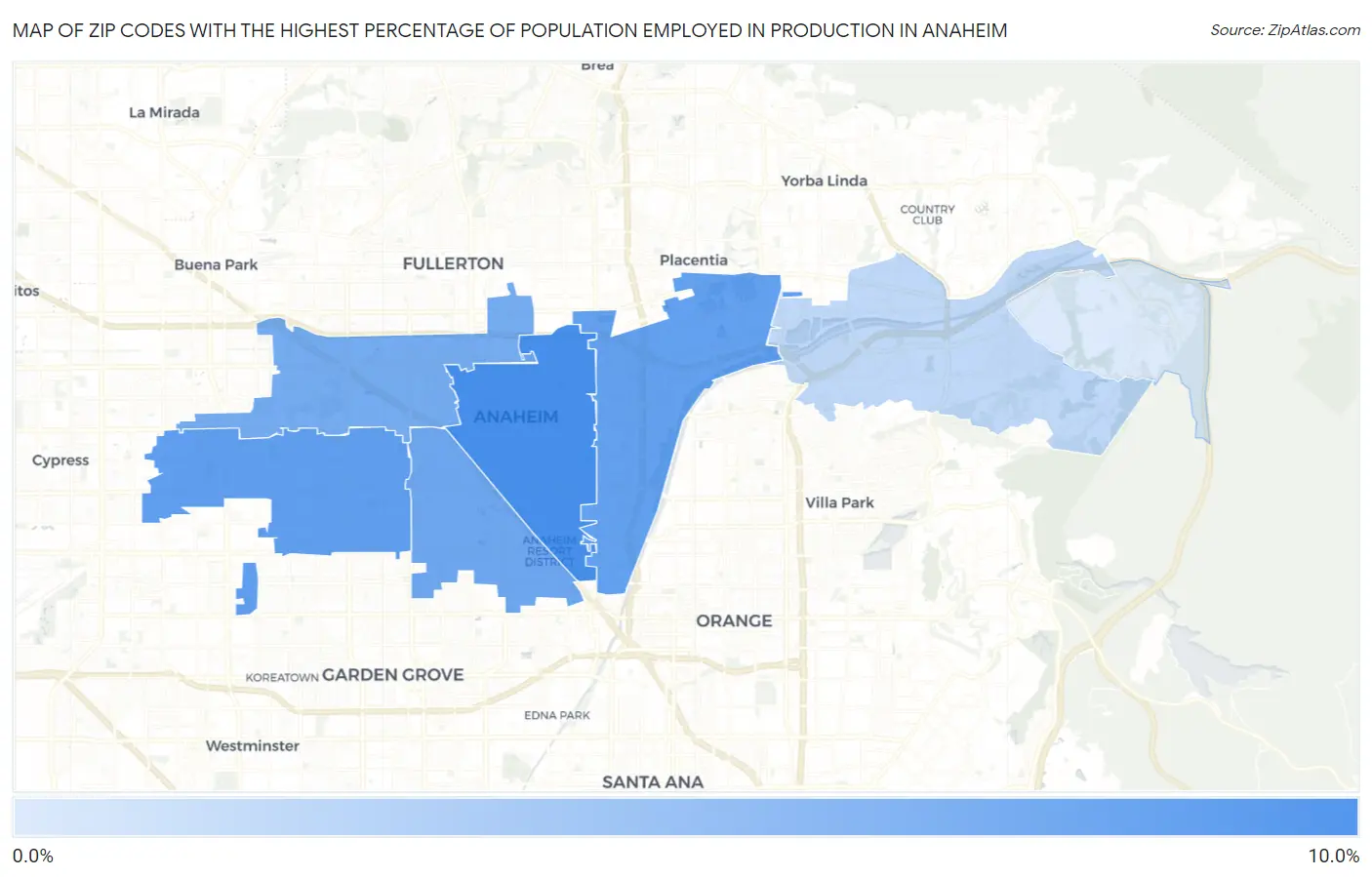 Zip Codes with the Highest Percentage of Population Employed in Production in Anaheim Map