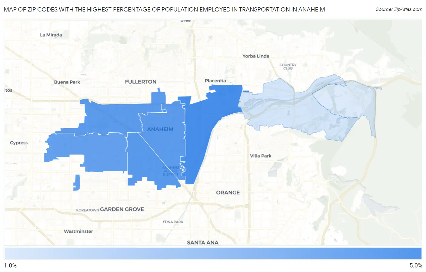Zip Codes with the Highest Percentage of Population Employed in Transportation in Anaheim Map