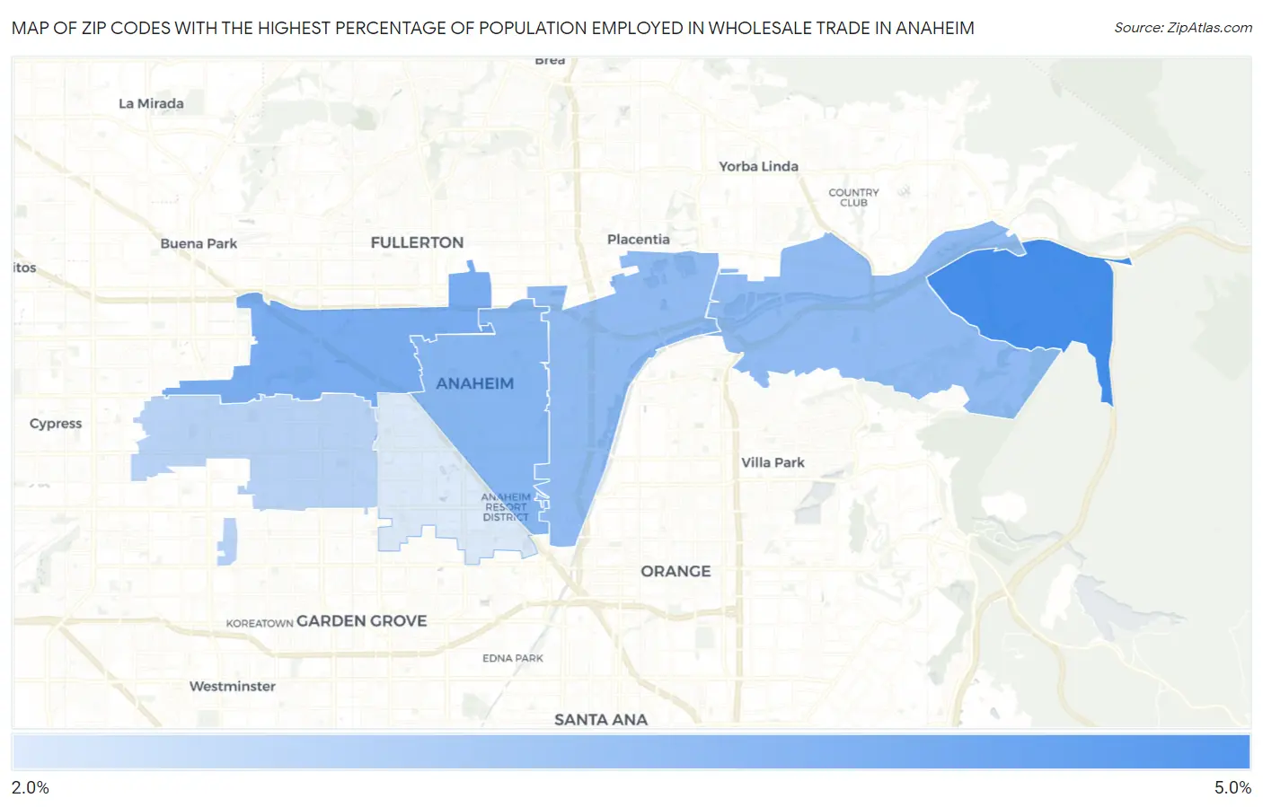 Zip Codes with the Highest Percentage of Population Employed in Wholesale Trade in Anaheim Map