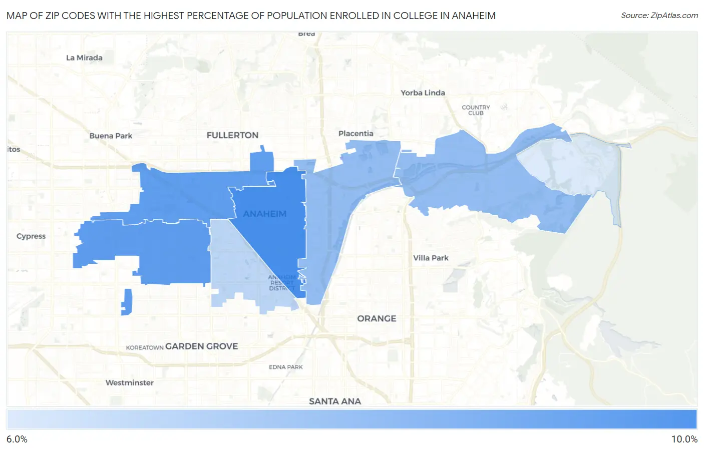 Zip Codes with the Highest Percentage of Population Enrolled in College in Anaheim Map