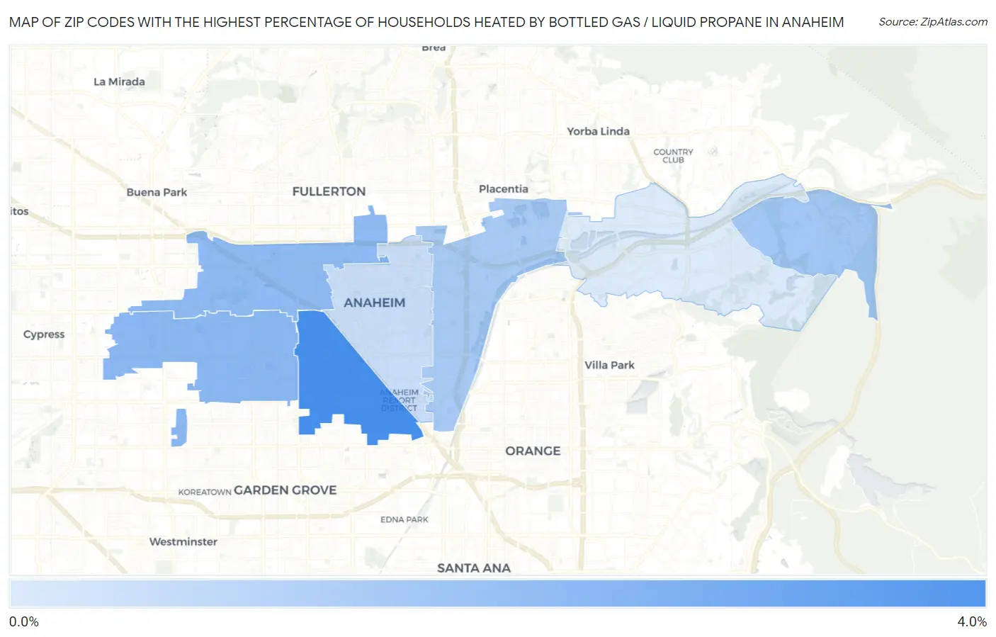 Zip Codes with the Highest Percentage of Households Heated by Bottled Gas / Liquid Propane in Anaheim Map