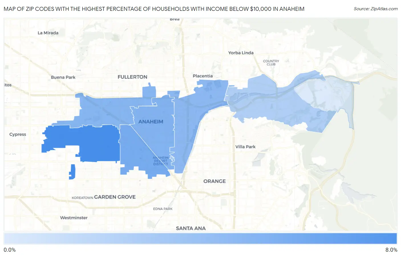 Zip Codes with the Highest Percentage of Households with Income Below $10,000 in Anaheim Map