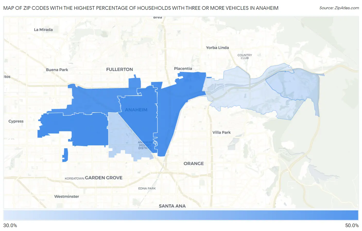 Zip Codes with the Highest Percentage of Households With Three or more Vehicles in Anaheim Map