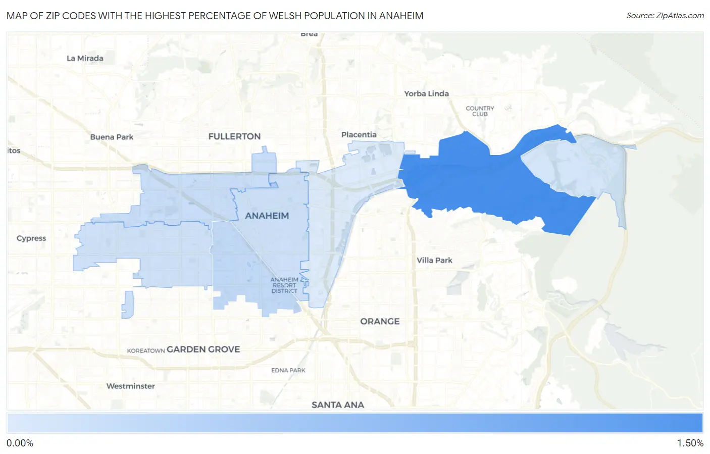 Zip Codes with the Highest Percentage of Welsh Population in Anaheim Map